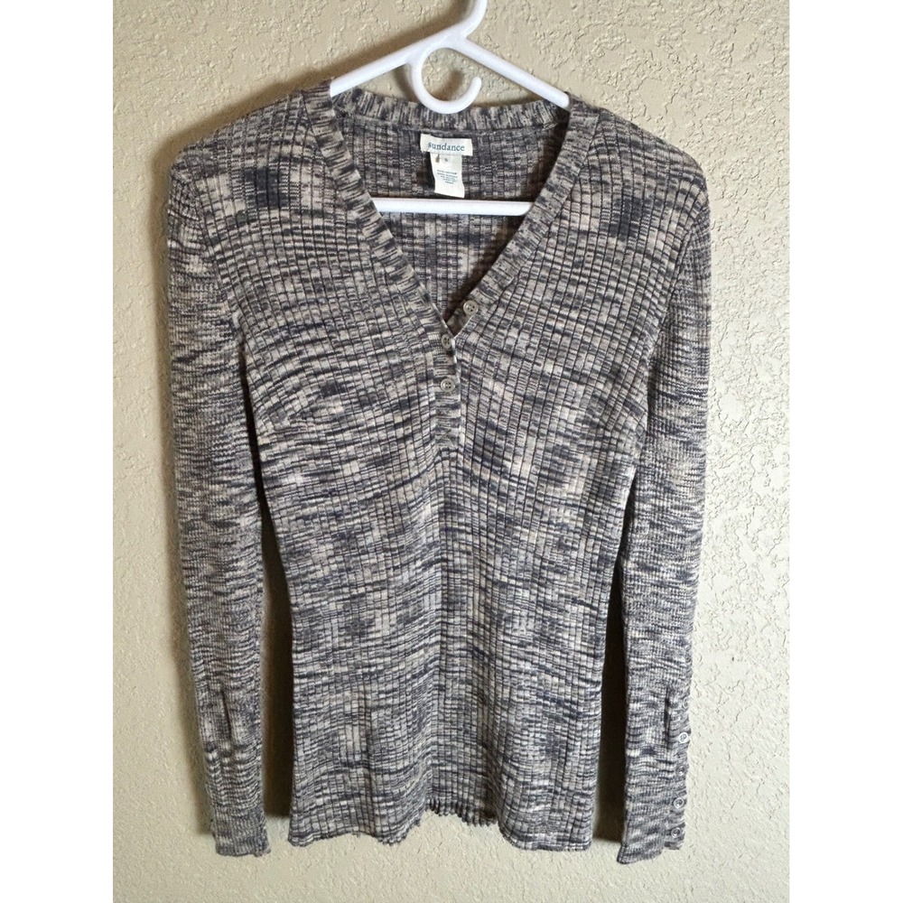 Sundance Henley Sweater Women Small Gray Space Dye Ribbed Button Cuff
